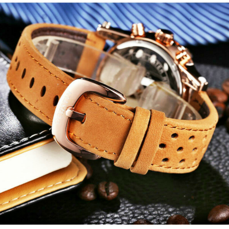 Reloj de pulsera con correa de cuero para hombre, cronógrafo de cuarzo, estilo militar, con fecha, hueco, 2018