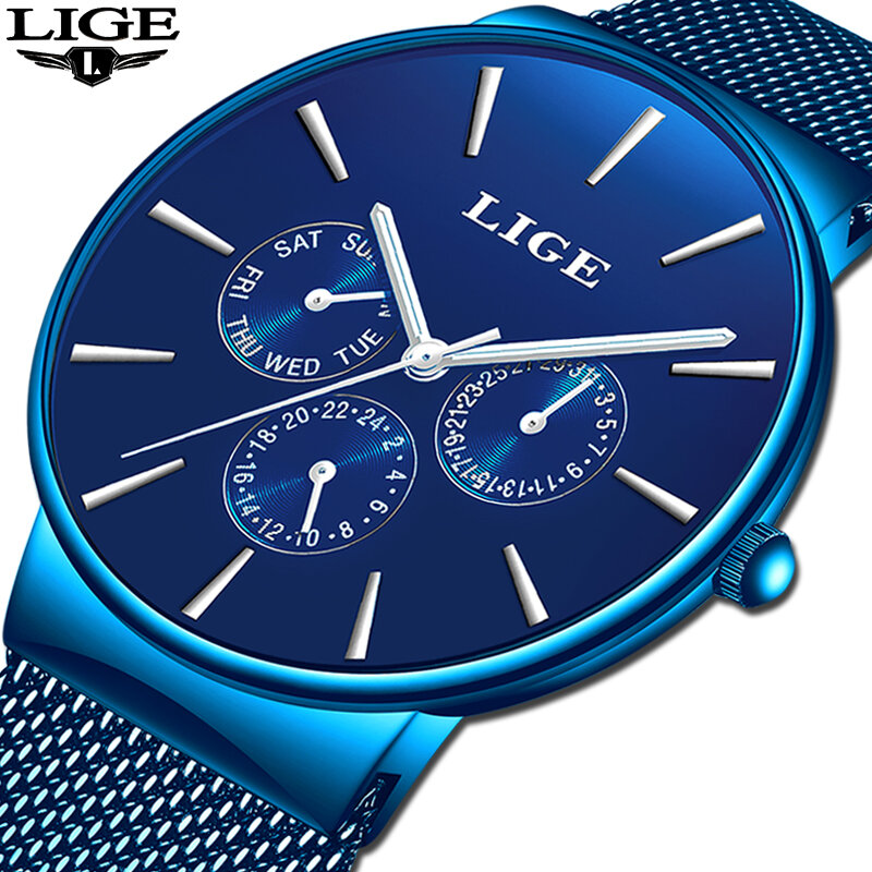 LIGE แฟชั่นผู้หญิงสีฟ้านาฬิกาควอตซ์เหล็กทั้งหมดตารางนาฬิกาคุณภาพสูงกันน้ำนาฬิกาข้อมือสำหร...