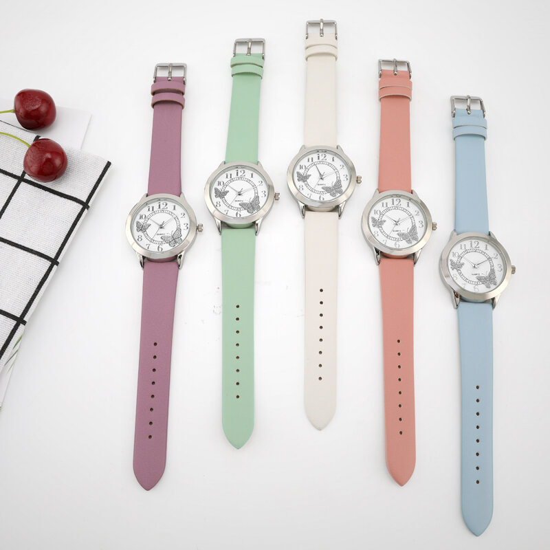 Relógio feminino com design criativo e borboleta, pulseira de couro em cores pastéis, presente para meninas