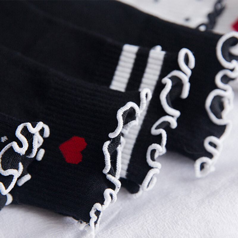 Venda preto casual dot ruffle strip meias femininas algodão coração doce japonês harajuku estudantes universitários meninas meias