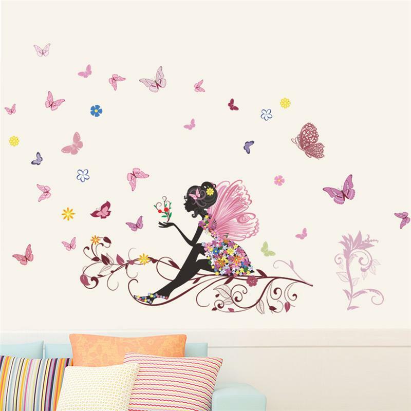 ملصق حائط على شكل فراشة وزهرة لفتاة جميلة ، ملصق فني للمنزل ، ديكور غرفة الأطفال ، ملصق مطبوع ، DIY