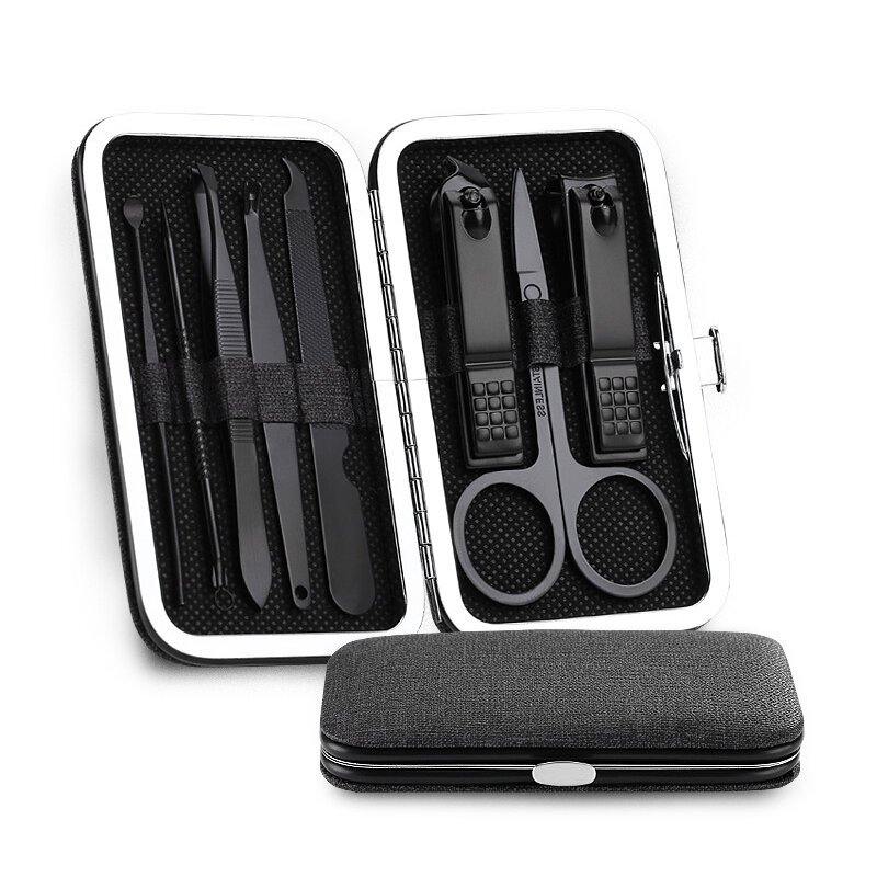 8Pcs/Set Multifunction Nail Clippers Set Stainless Steel Black Pedicure Scissor Tweezer Manicure Set Kit Nail Art Tools