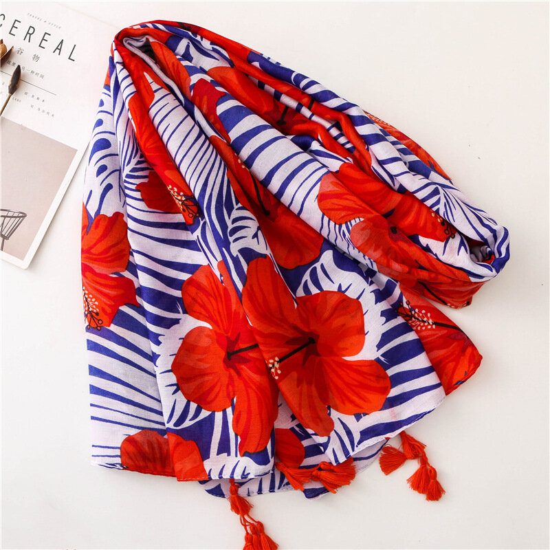 Женский пляжный шарф с кисточками Visrover, большой мягкий хлопковый хиджаб с цветочным принтом, летняя шаль