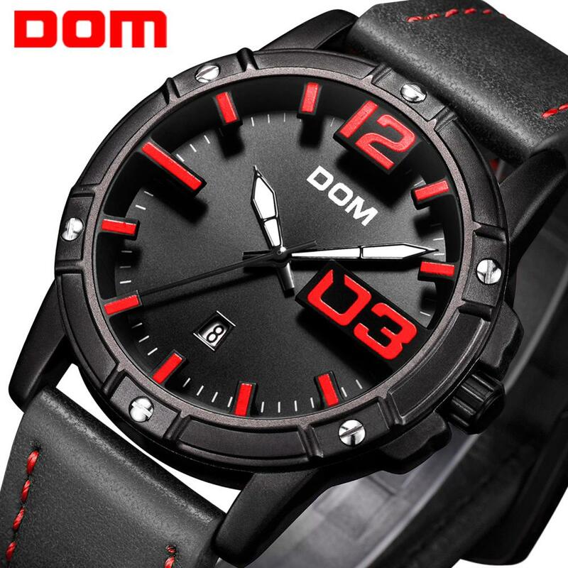 DOM часы мужские Роскошные Спортивные кварцевые наручные часы Мужские часы кожа Бизнес водонепроницаемые часы Relogio Masculino M-1218BL-1M5