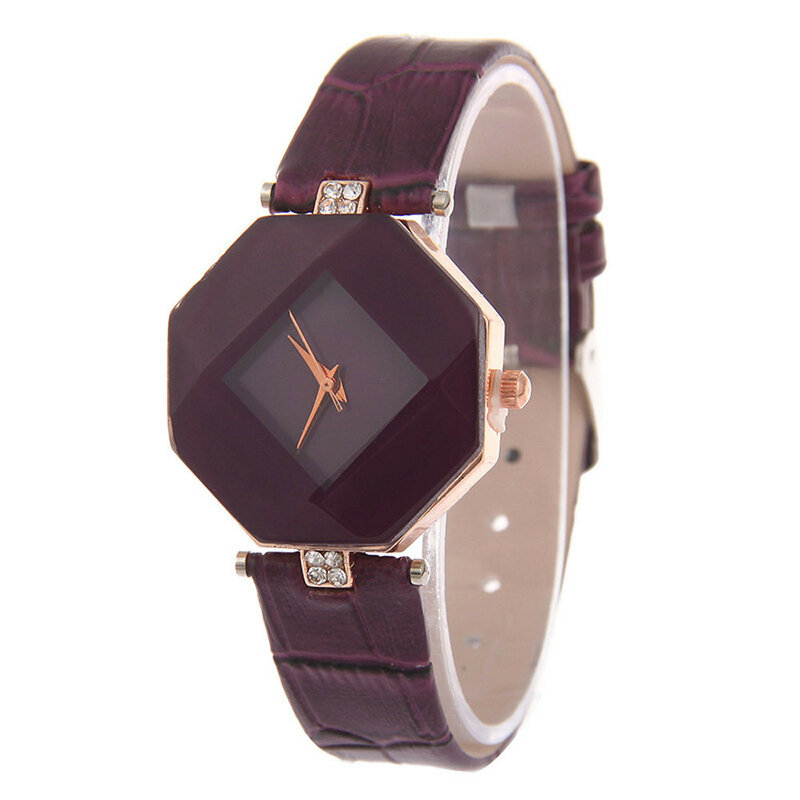 Vogue relógio feminino quartzo pulseira de couro, relógio de pulso feminino fashion geométrico cortado na pedra