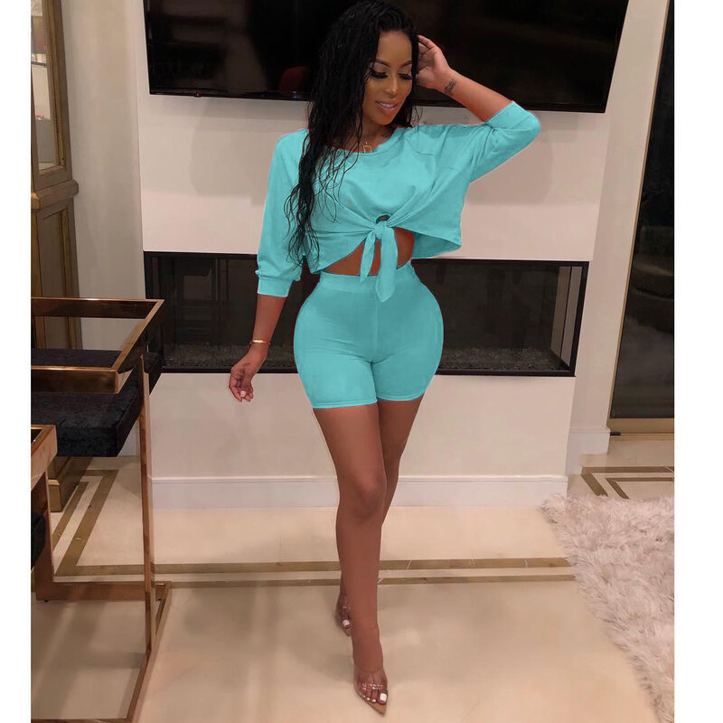 2019 women new summer three quarter length sleeve tie up hem off shoulder top shorts suit two piece set tracksuit outfit Q5102