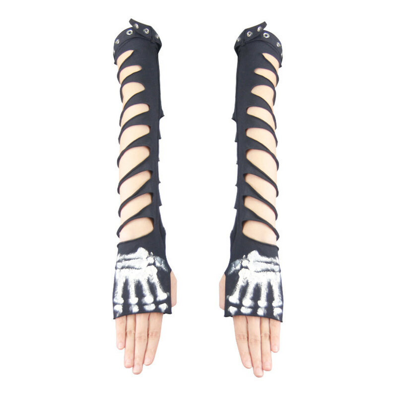Punk Women Gloves Gothic Hole Arm Sleeve Ripped Arm Warmers Fingerless Skull Printed Hand Accessories Halloween Cosplay