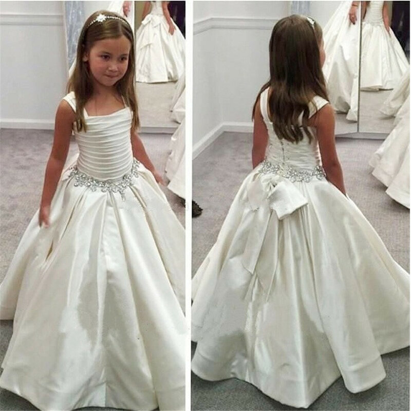 زهرة بيضاء فتاة فساتين لحفل الزفاف المطرزة بلا أكمام الأميرة فتاة فستان رسمي أول مناولة