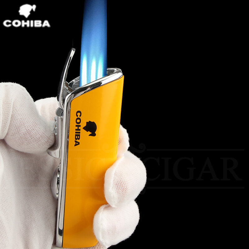 COHIBA-Mechero de bolsillo con 3 llamas azules, mini encendedor de metal para cigarrillos, a prueba de viento, incluye perforador de puros, caja de regalo