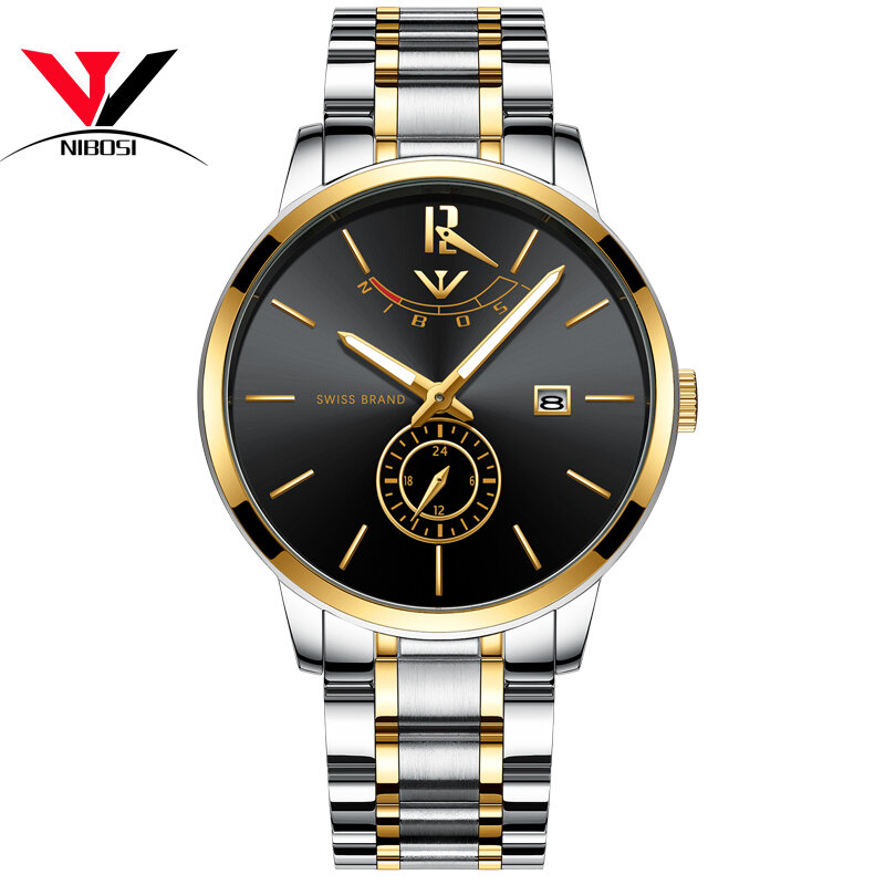 Nibosi relógio analógico masculino, relógio de pulso dourado de marca luxuosa para homens, à prova d'água, aço inoxidável, 2018