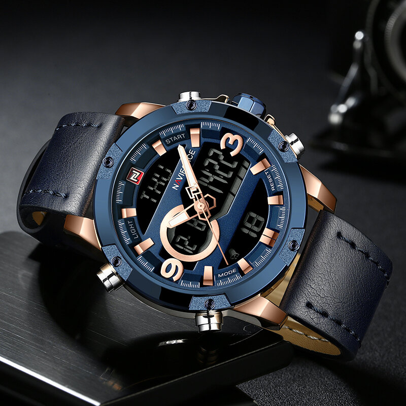 Naviforce relógio esportivo masculino, relógios de pulso impermeáveis e digitais de quartzo e couro, marca de luxo para homens