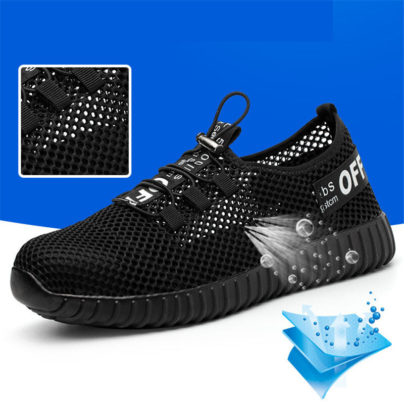 Junsrm homens sapatos de segurança respirável botas de verão mulher anti-esmagamento aço toe bonés anti-piercing malha sapatos de trabalho masculino 36-46