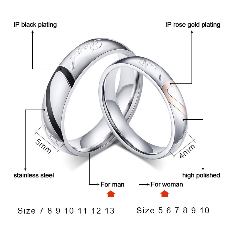 Vnox Classic Personalized Wedding Rings for Women Men Engrave Name Servise 1Piece