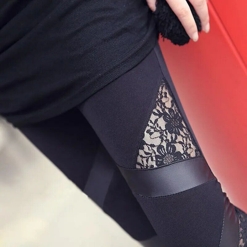 2021 Spring Autumn Leather Workout Leggings Hot Charming Warm Cheap Lace Legins Sexy PU Leggins Skinny Stretch Splicing Pants