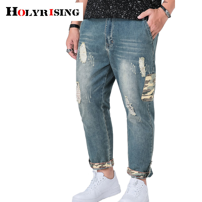Holyrising calça jeans solta masculina, jeans casual com buracos para homens, azul cowboy, moda de rua, 2xl-4xl 2015-5