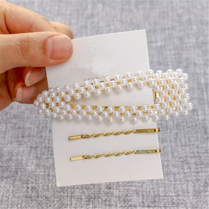 Pearl Hair Pins 4Pcs Exquisite Metal Hair Clips For Women Girls Popular Geometric Hair Barrette Stick Hair Styling Accessories