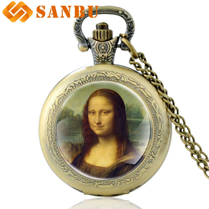 Moda Feminina Colar Relógio De Prata Estilo Vintage Obras de Da Vinci Mona Lisa Jóias Pingente de Quartzo Relógio de Bolso Antigo