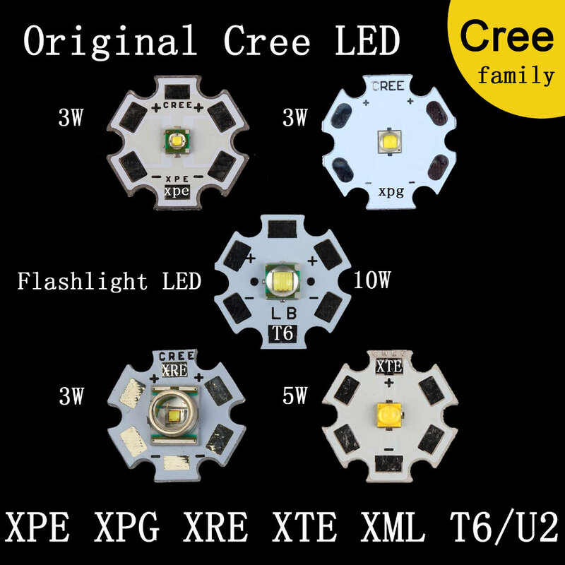 오리지널 CREE XPE 2 XRE Q5 XTE XPG 2 T6 L2 XHP50 XHP70, 따뜻한 쿨 화이트 레드 블루 그린, AL 베이스, LED 손전등 라이트 램프