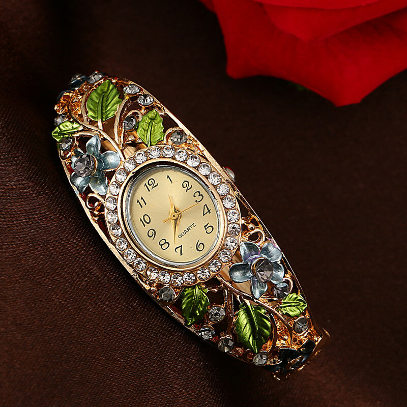 Pulsera de cuarzo con flores de cristal para mujer, reloj de lujo femenino, Bayan Kol Saati, regalo XQ