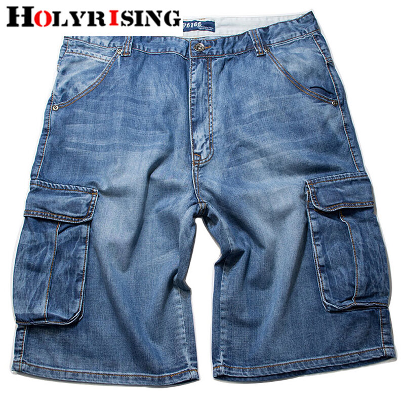 Holyrising Zomer Jeans Mannen Verontruste Jean Zakken Streetwear Rits Jeans Man Kalf-Lengte Blauw Denim Broek Plus Szie 30-46