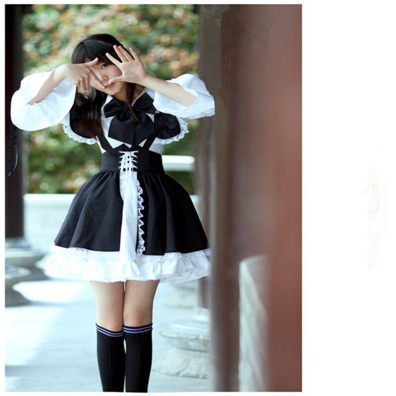 Mulheres Avental Maid Outfit Anime Longo Vestido Preto e Branco Vestido Lolita Vestidos Homens Café Traje Cosplay Горничная Mucama