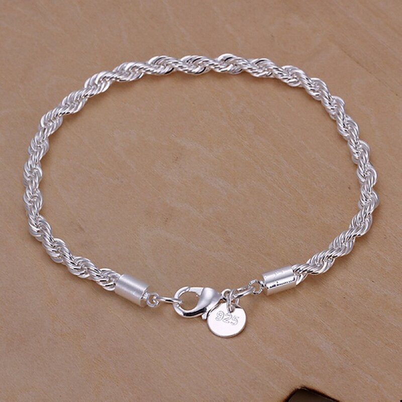 top quality 4MM Rope chain Silver color Jewelry fashion Twisted Bracelet for women men lady wedding gifts cute with , H207