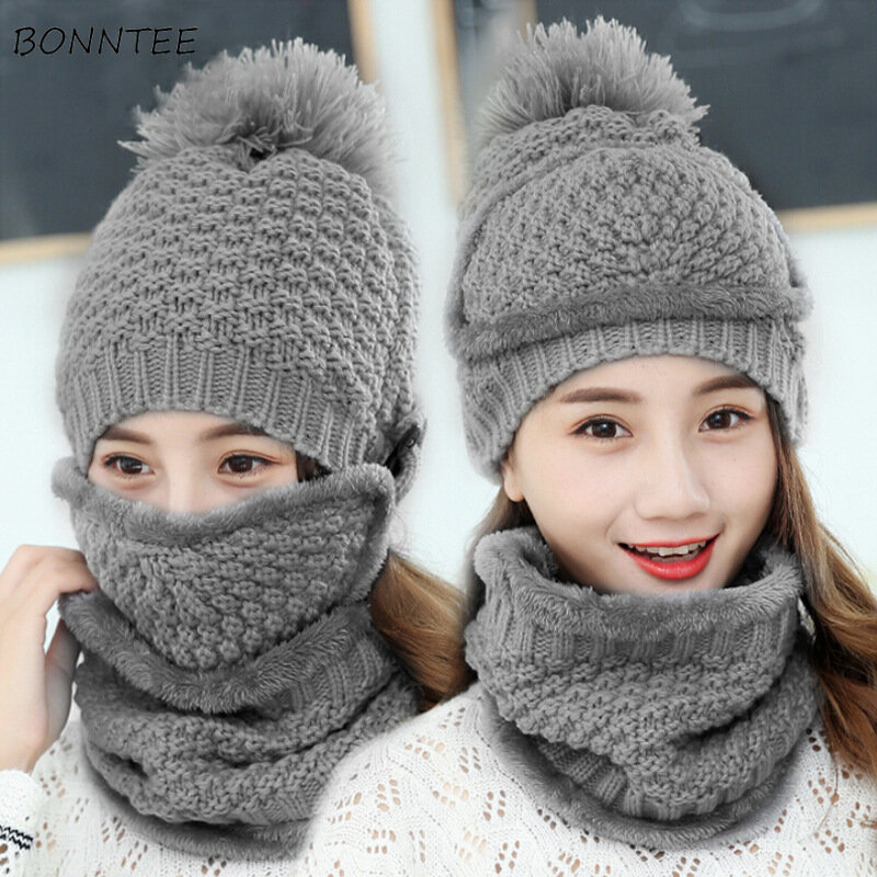 Winter Women Aesthetic Warm Knitted Hat Scarf Mask Three Set Womens Cute Hairball Thickening Neck Protection Trendy All-match