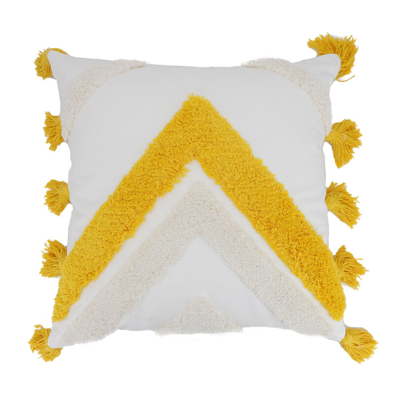 DUNXDECO-funda de cojín decorativa para el hogar, funda de almohada Bohemia de lujo, borlas geométricas amarillas brillantes, sofá moderno