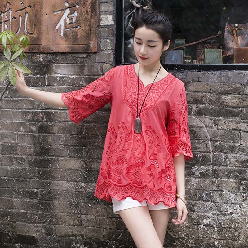 Casual Summer Women Blouses Vintage Embroidery Shirt Short Sleeve Blouse Ladies Floral Tops Womens Clothing Plus Size Cotton
