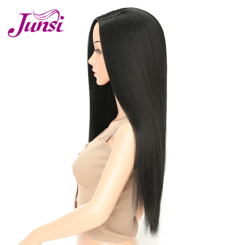 JUNSI-شعر مستعار ياكي صناعي طويل للنساء ، شعر ياكي أسود ناعم ، ألياف مقاومة للحرارة ، شعر طبيعي