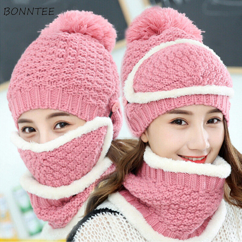 Écharpe et masque en tricot pour femmes, trois ensembles, Protection du cou épaisse et mignonne, tendance, hiver