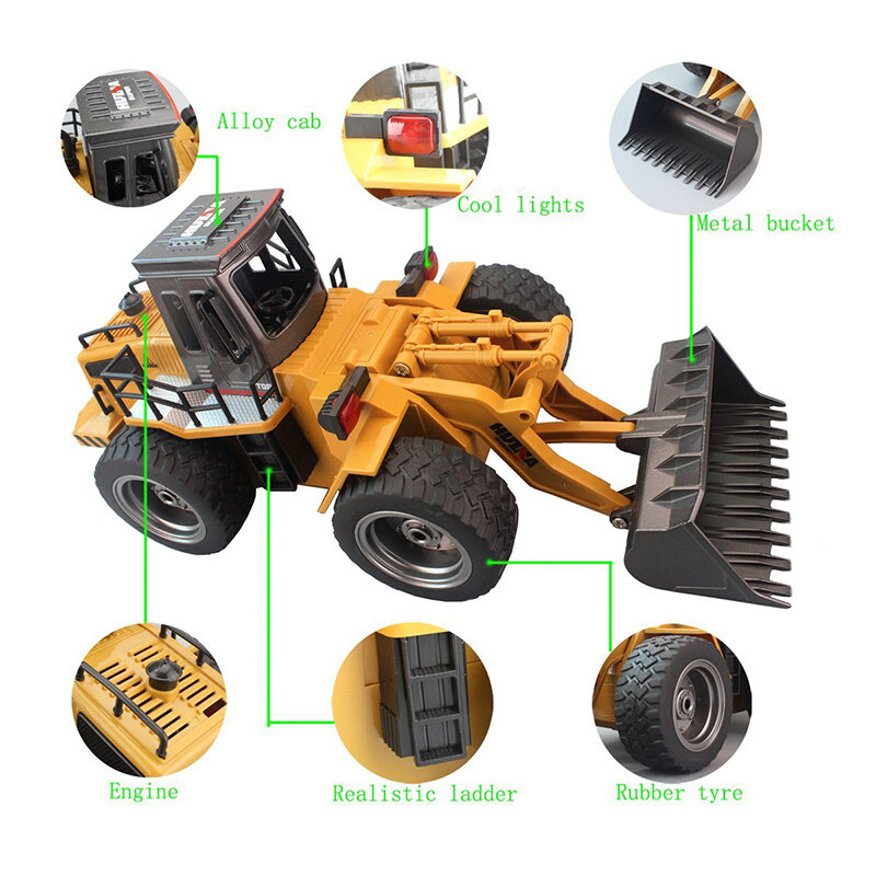 Caminhão rc liga pá carregador 2.4g 6ch 4wd roda carregador de metal veículos de construção bulldozer controle remoto para presentes do miúdo