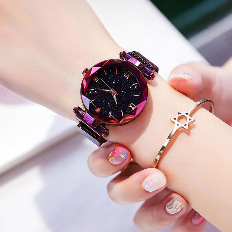 Relógios luxuosos para mulheres, fashion, elegantes, ímã, fivela, ouro rosa, relógio de pulso feminino, novo, numeral romano estrelado, presente de menina, 2020