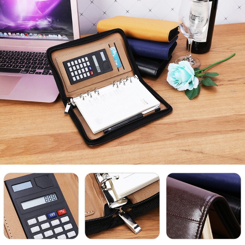 Cubierta de cuero PU A6 cuaderno con cremallera Bloc de notas de negocios de hojas sueltas con calculadora