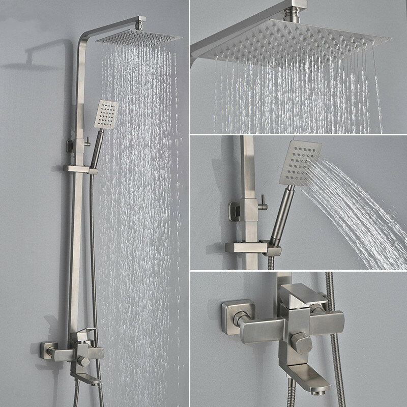 Simples relógio de parede-montado conjunto de chuveiro do banheiro 304 aço inoxidável escovado torneira do chuveiro torneira da banheira de água quente e fria