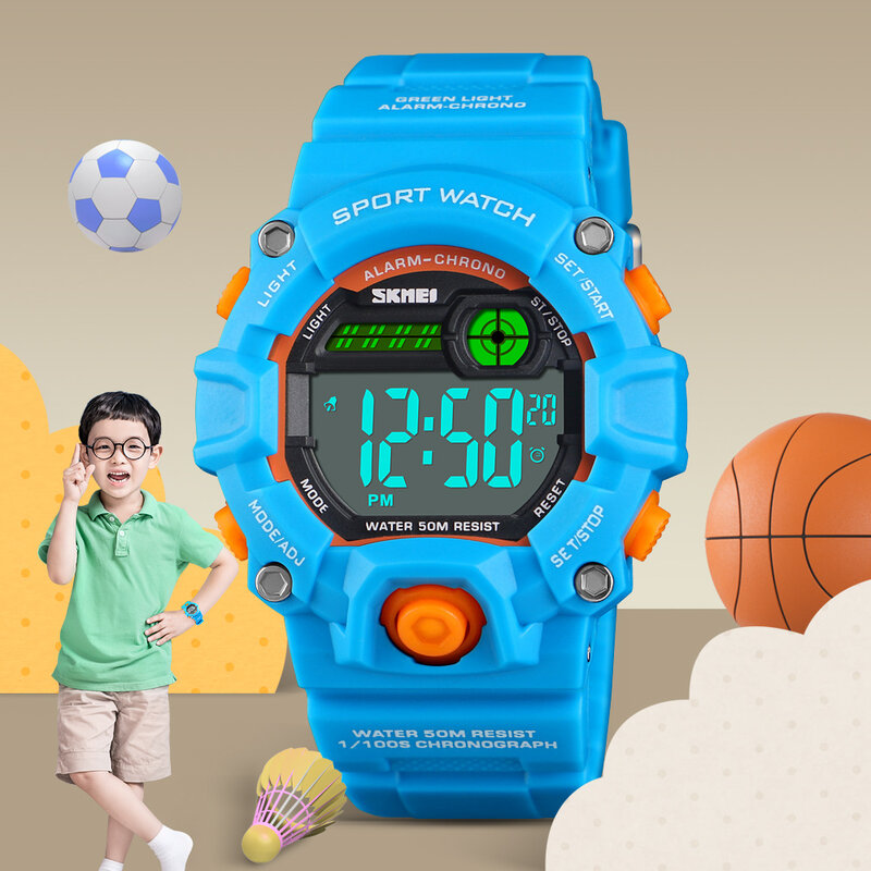 Детские спортивные часы SKMEI, модные светодиодные кварцевые цифровые часы для детей, для мальчиков и девочек, 50 м, водонепроницаемые спортивн...