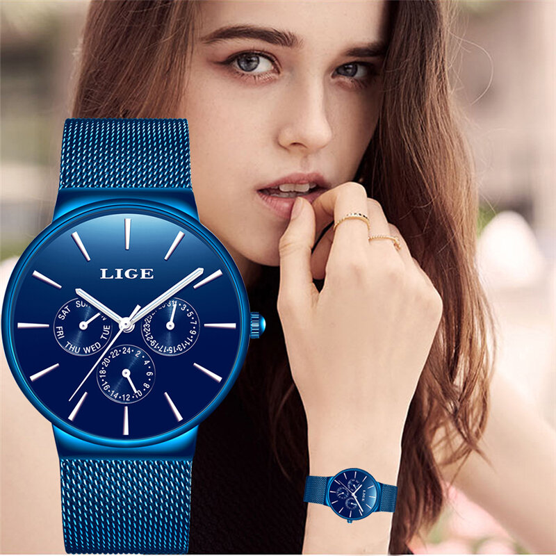 LIGE moda donna orologio al quarzo blu Lady All steel grid cinturino orologio da polso impermeabile Casual di alta qualità regalo per moglie 2019