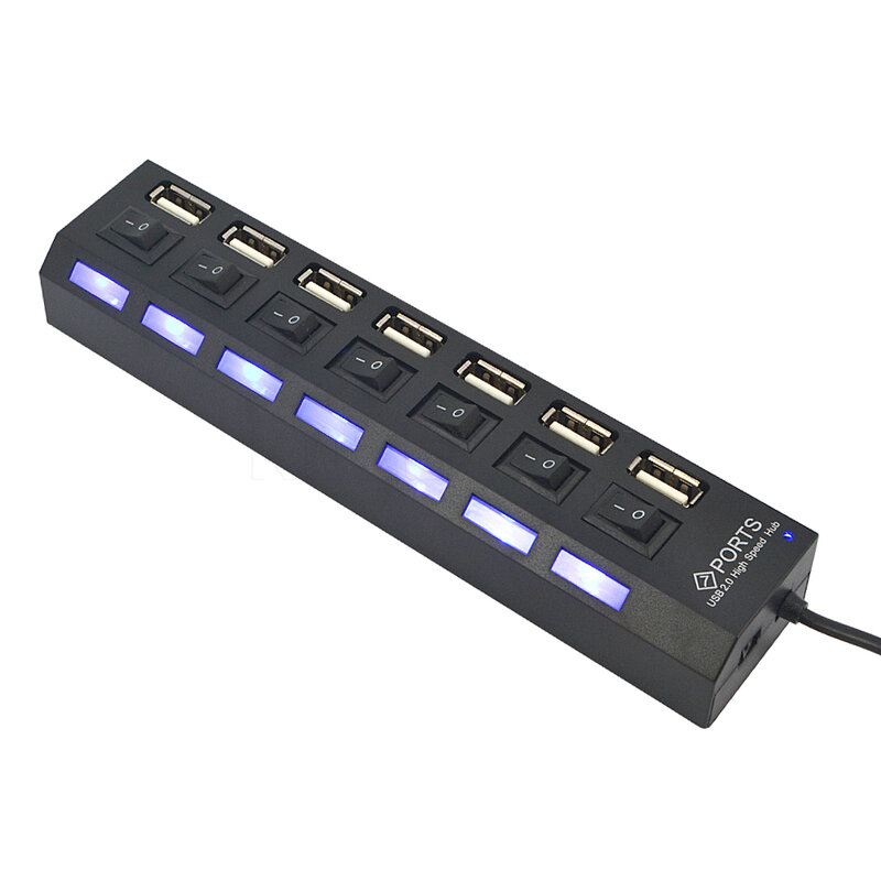 Adaptateur Hub USB 2.0 à 7 Ports, commutateur marche/arrêt, haute vitesse pour ordinateur Portable