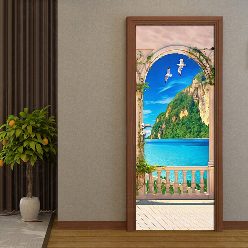 Pegatinas de PVC impermeables para decoración del hogar, Mural de puerta 3D de paisaje de mar europeo, pegatina moderna para puerta de sala de estar y dormitorio