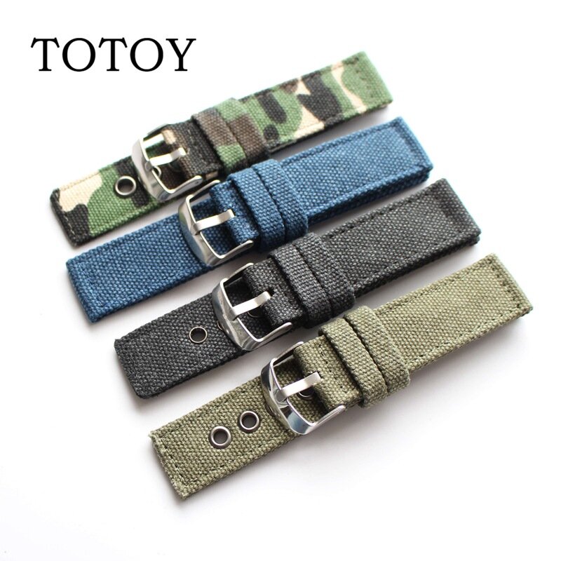 TOTOY Black / Green Canvas Watchbands, High Quality 22MM / 20MM Retro Summer Watchbands, Anti-Sweat Men Strap