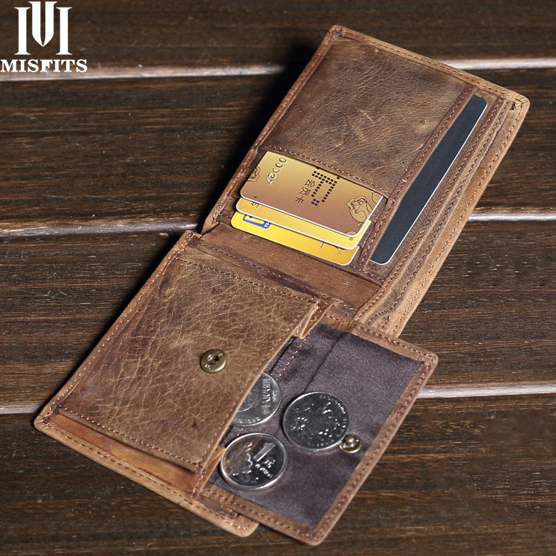 Misfits carteira de couro masculina, carteira masculina compacta feita em couro legítimo com compartimento para cartões, vintage de 100%