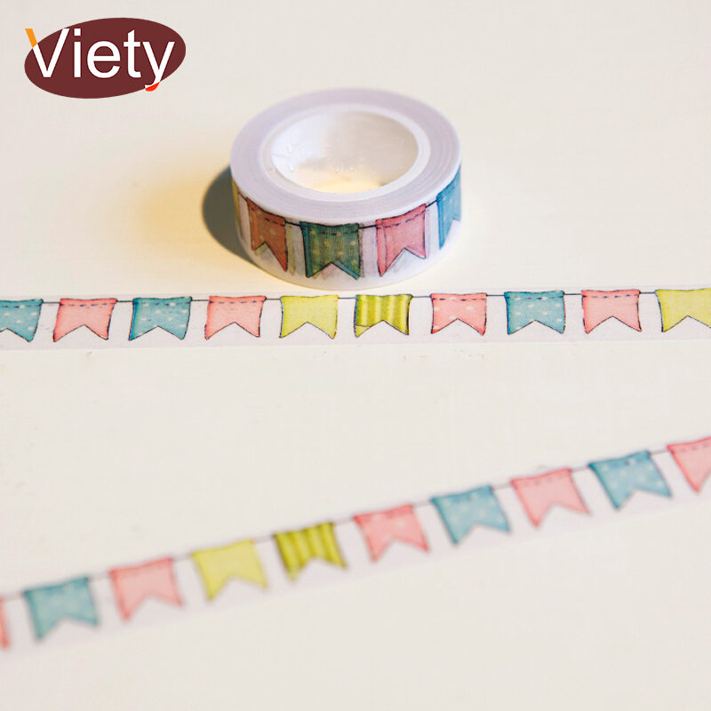 Fita washi de bandeira colorida, fita adesiva de 1.5cm * 10m para decoração diy de planejador de scrapbooking, fita adesiva de papelaria kawaii
