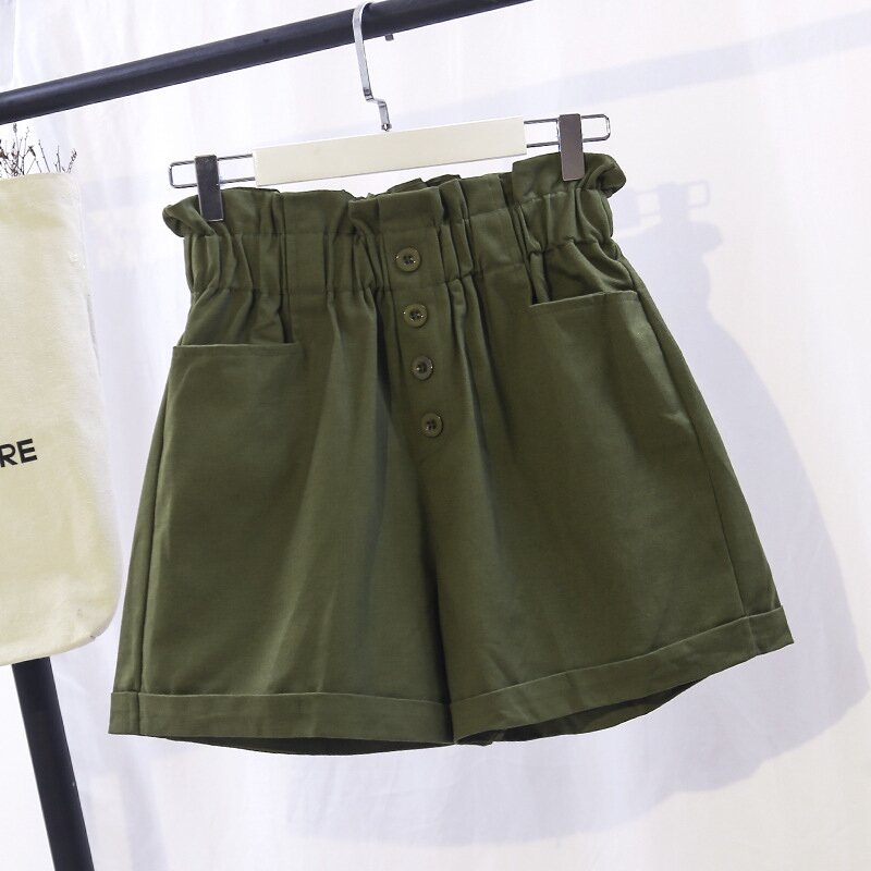 Shorts femininos de verão, bermudas com cintura larga elástica, cor sólida, bolsos casuais, curtos, moda verão 2020