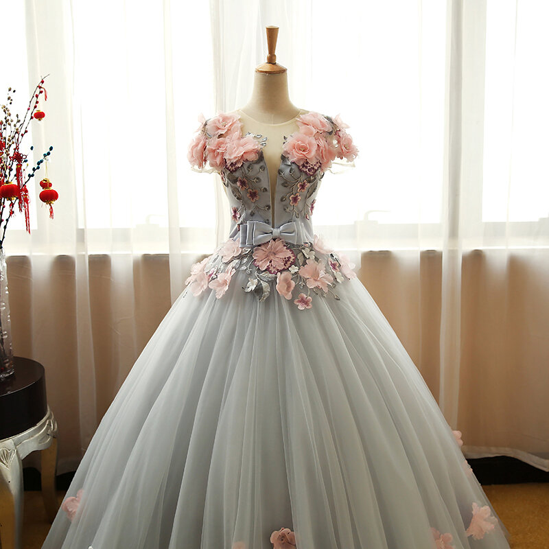 Grey Green Quinceanera Dresses Puffy Tulle With Pink Flowers Lace Prom Sweet 16 Dresses Ball Gowns Vestidos De 15 Anos Baile