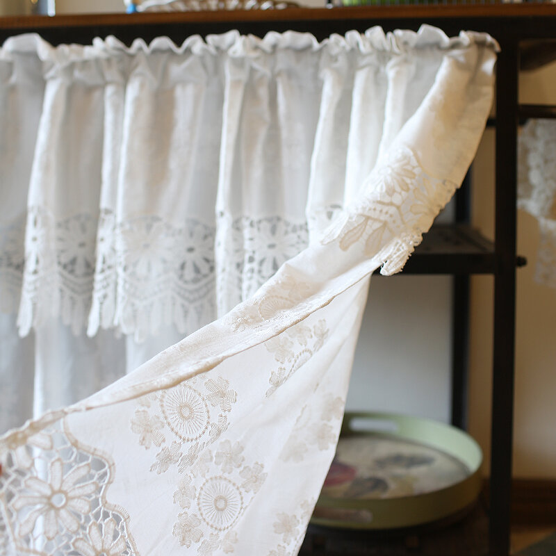 DUNXDECO-cortina corta para puerta de cocina, Media cortina de estilo campestre, encaje de algodón blanco, Rideau fino ahuecado, decoración del hogar