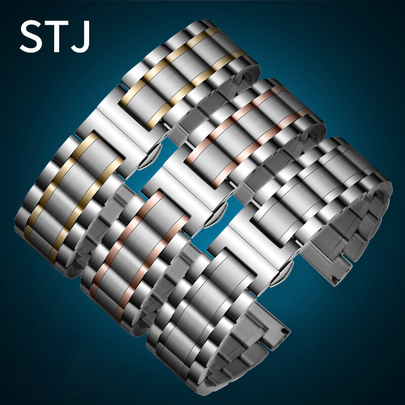 STJ Marke Edelstahl Armband Metall Strap 13mm 14mm 16mm 18mm 20mm 22mm 24mm Uhr Band Armband Schwarz Silber Rose Gold