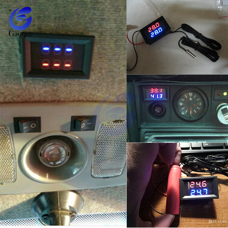 Mini dc 4v-28v display duplo termômetro digital com dupla ntc à prova dntc água sonda de metal sensor de temperatura tester para a sala de carro interior