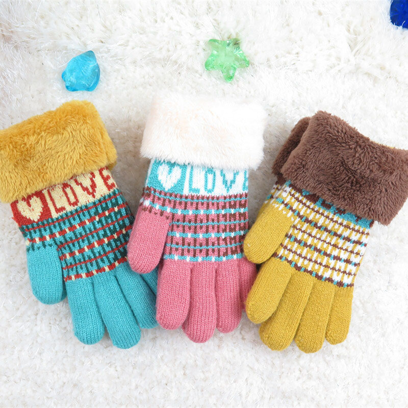 Luvas infantis adoráveis coloridas, luvas de lã e caxemira para espessamento duplo