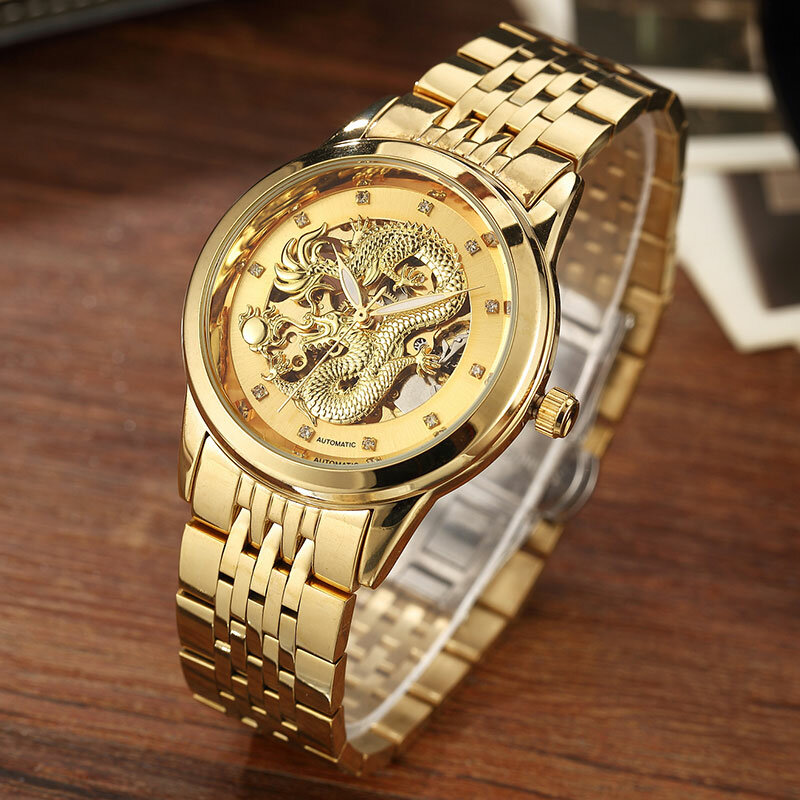 Skeleton Gold Mechanical Watch Men Automatic 3D Carved Dragon Steel Mechanical Wrist Watch China Luxury Top Brand Self Wind 2019