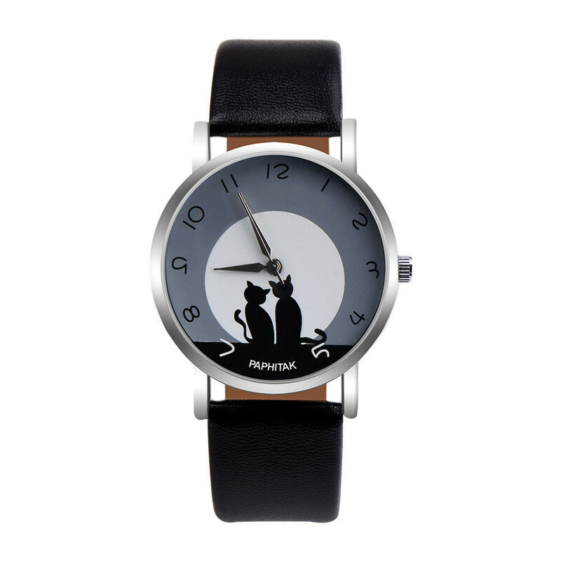 Relógio de pulso estampa gato, relógio de pulso com pulseira de couro feminino quartz